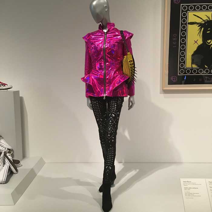 Artist: Jamie Okuma Jacket: holographic Italian lambskin Pants: leather and lace Purse: leather, pony hair, dye, and brass