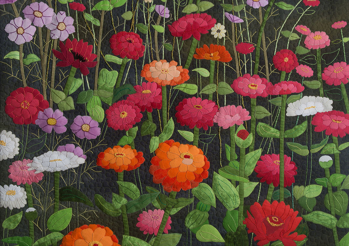 thread painted art quilt of zinnias by Kathie R. Kerler